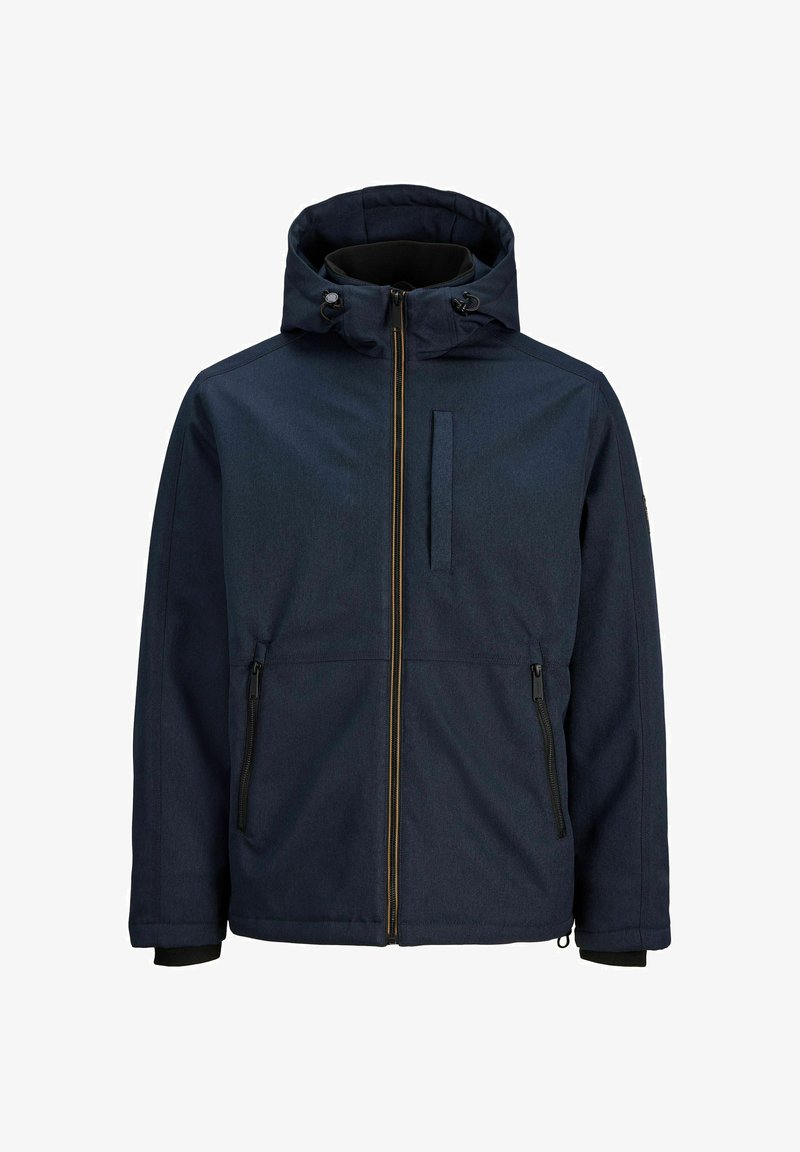 Veste à capuche bleu marine avec fermeture éclair frontale, deux poches latérales zippées et une poche poitrine verticale zippée, conçue pour temps froid.