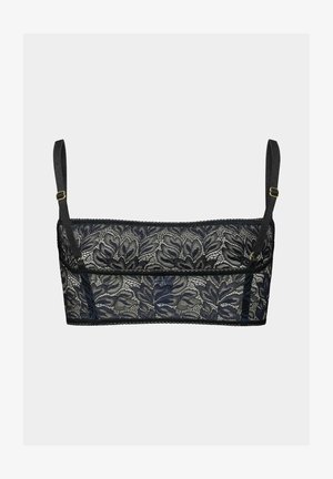 Black lace bralette featuring floral patterns, adjustable straps, and a scalloped edge. Lightweight fabric with a soft texture.