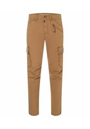 Brown cargo pants with multiple zip and flap pockets, straight legs, and belt loops, shown from the front on a white background.