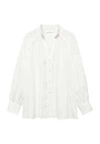 Witte blouse met lange mouwen en knoopsluiting aan de voorkant, geborduurde details langs de sluiting en schouders, en een ontspannen pasvorm. Satijnachtige textuur.