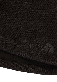 Black knit beanie with a ribbed texture. Features a raised logo on the front and a contrasting cuff at the base. Warm and flexible material.
