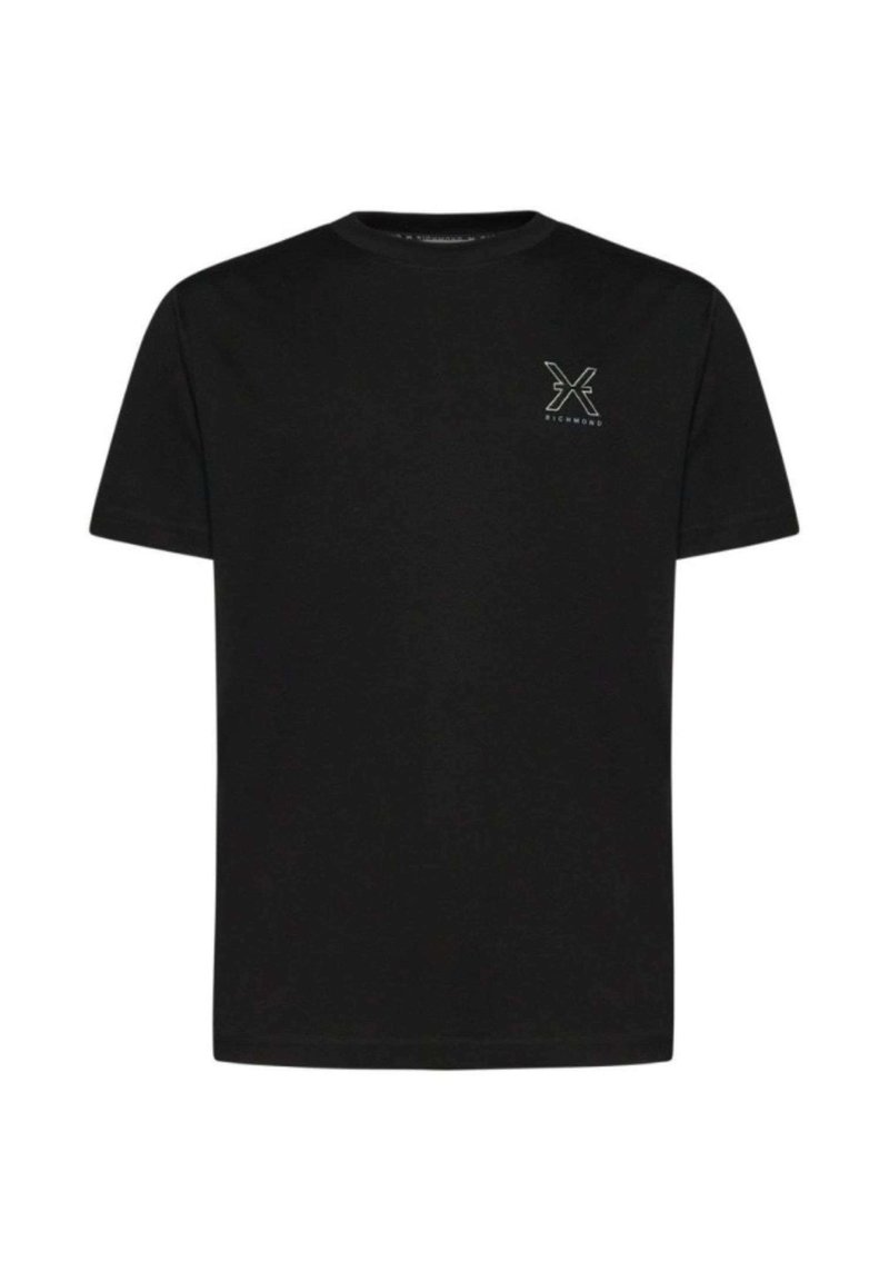 T-shirt nero a maniche corte con collo girocollo e un piccolo logo bianco "X Richmond" sul lato sinistro del petto.