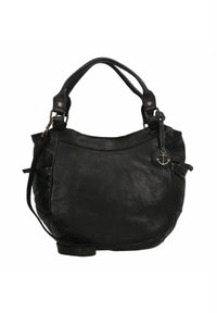 Borsa a spalla in pelle nera con doppi manici, tracolla staccabile, tasche laterali e charm con emblema di ancora e dettagli al centro anteriore.