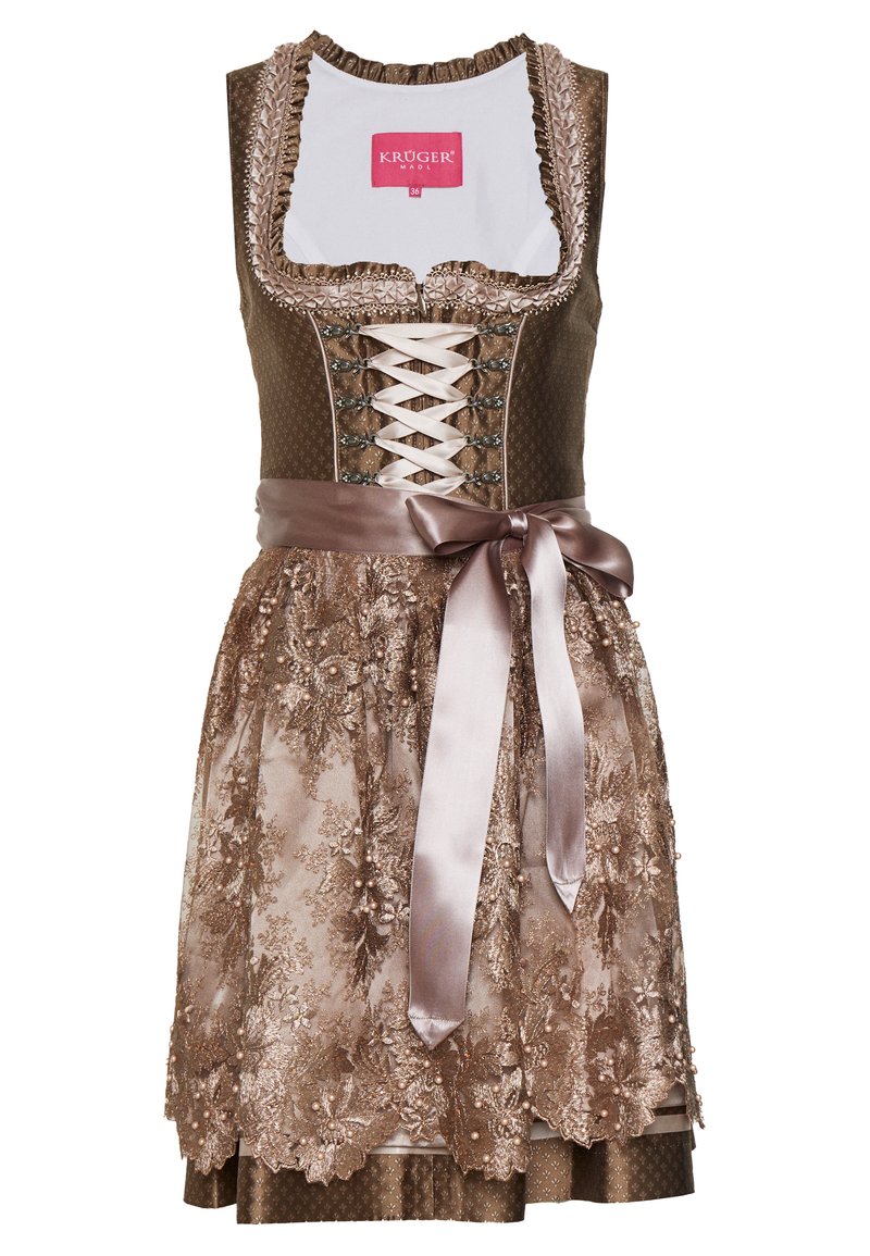 Brown dirndl dress with a fitted bodice, lace-up front, floral embroidered skirt, satin ribbon belt, and ruffled neckline detail.