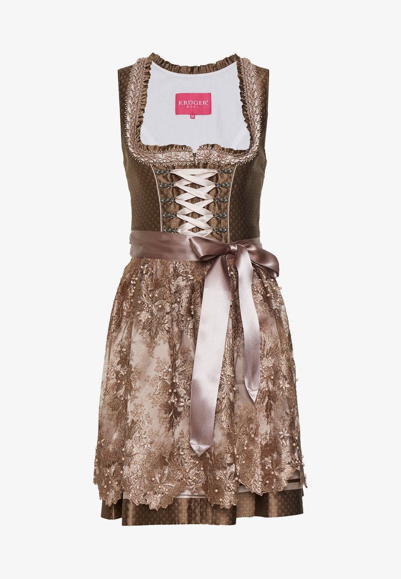 Braunes Dirndlkleid mit tailliertem Oberteil, Schnürfront, mit Blumen besticktem Rock, Satinschärpe und Rüschendetail am Ausschnitt.
