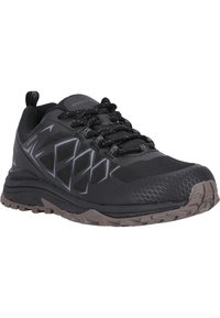 Schwarzer wasserdichter Trailschuh mit strukturiertem Obermaterial, geometrischen Designelementen in Grau und langlebiger Gummisohle mit einem robusten Profil.