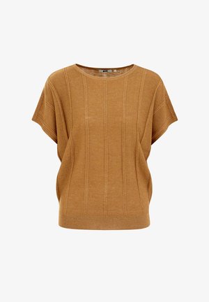 Mere kollane lühikeste varrukatega kudumist sviiter horisontaalsete ja vertikaalsete soonikutega, ümmarguse kaelusega ja lõdva istuvusega mugavuse tagamiseks.