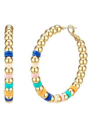 Goldene Creolen mit sphärischen Perlen in Blau, Grün, Orange und Rosa Akzenten. Mit einem Verschluss ausgestattet.