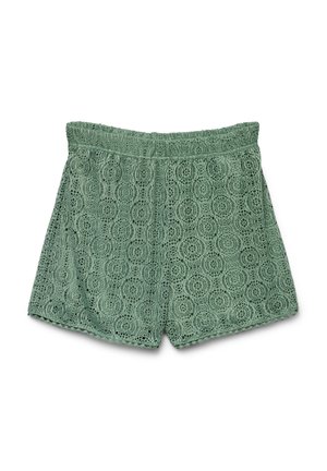 Lace shorts in a muted green color, featuring a textured circular pattern, elastic waistband, and scalloped edges.