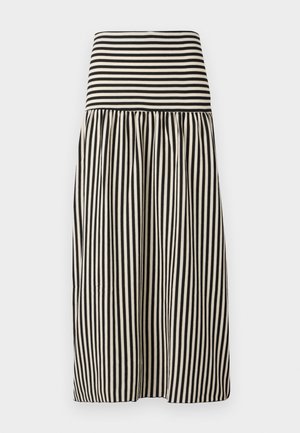 Gonna a righe con una ampia vita elasticizzata. Presenta strisce verticali nere e crema, tessuto fluido e un design lungo fino al ginocchio.
