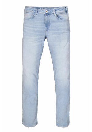 Jeans de mezclilla azul claro con corte recto, cinco bolsillos y cierre de botón. Presenta un ligero desgaste y una textura suave.