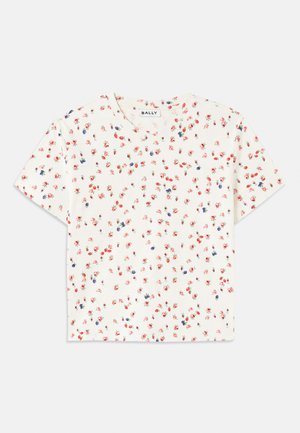 White short-sleeve t-shirt featuring a floral pattern with red and blue flowers, round neckline, and soft, textured fabric.