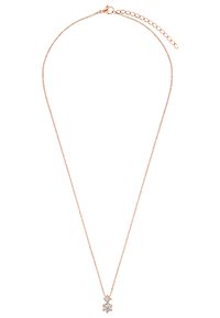 Halskette aus Roségold mit einer zarten Kette und einem zentralen Anhänger, der einen großen und zwei kleinere klare Edelsteine zeigt.