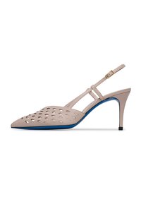 Beige perforated leather slingback heel with pointed toe, ankle strap, gold buckle, and contrasting blue sole. 3-inch stiletto heel.
