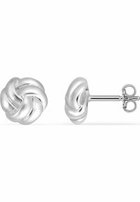 Silver knot stud earrings featuring a textured, intertwined design with a polished finish and a secure post backing.