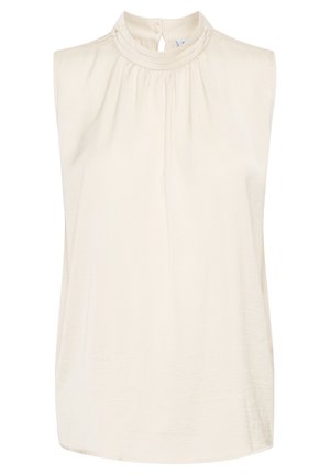 Blouse sans manches couleur crème avec un col montant et de douces plis. Texture lisse avec un léger éclat. Fermeture en keyhole au dos pour une touche de détail.