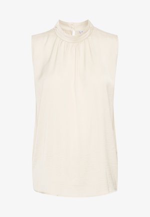 Bezramenná krémová blúzka s vysokým krkom a jemnými skladmi. Hladká textúra s jemným leskom. Vzadu je otvor s uzáverom v tvare kľúča.