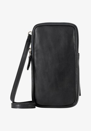 Schwarze Leder-Umhängetasche in rechteckiger Form, mit Reißverschluss und abnehmbarem Tragegurt. Verfügt über eine glatte Textur und minimales Zubehör.