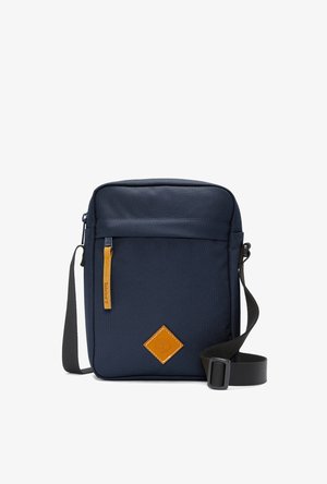 Navy fabric crossbody bag with adjustable strap, zippered closure, front leather accent patch, and smooth texture.