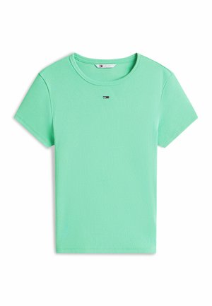 Camiseta de algodón canalé verde menta de manga corta con escote redondo y pequeño logo de Tommy Hilfiger centrado debajo del cuello.