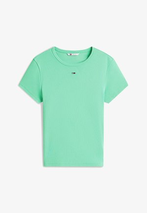 Camiseta de algodón canalé verde menta de manga corta con escote redondo y pequeño logo de Tommy Hilfiger centrado debajo del cuello.