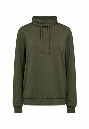 Pullover verde oliva con collo alto, chiusura con cordino e polsini a coste, realizzato in tessuto morbido e leggero.