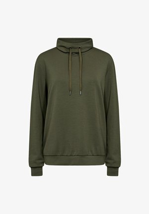 Sweatshirt olive vert avec un col haut, un système de fermeture par cordons et des poignets côtelés, fabriqué dans un tissu doux et léger.