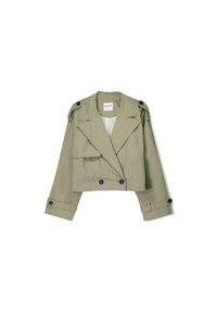 Kortad kaki-jacka i lätt tyg med dubbelknäppt design, stora knappar och axelkläppar.