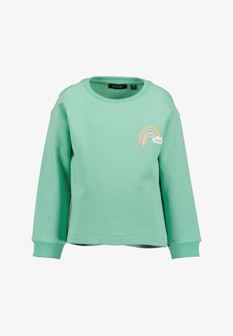 Sweatshirt vert menthe à manches longues, col rond, mettant en avant une application en forme de nuage et d'arc-en-ciel avec le texte "Brille" et de petits accents décoratifs.