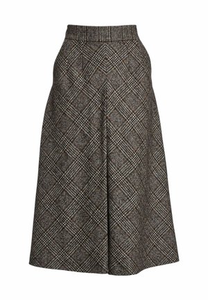 Falda midi de cuadros marrón y gris con cintura alta, cinturilla ancha y silueta en línea A acampanada.