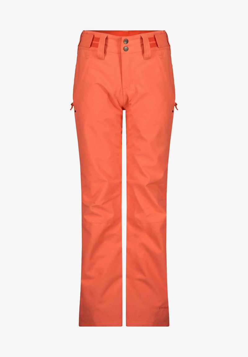 Oranje waterdichte skibroek van duurzaam materiaal, met een recht beenontwerp, twee voorzakken en verstelbare zijbanden.