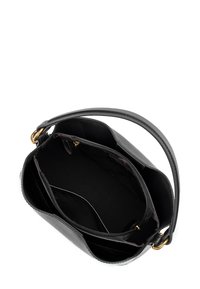 Black leather handbag with a smooth finish, single shoulder strap, and gold-tone hardware. Interior features one zipped pocket and a fabric lining.