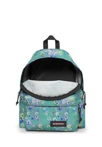 Zaino floreale verde con interno nero. Include una maniglia superiore, spallacci regolabili e una tasca anteriore con zipper.