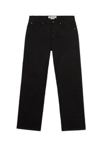 Jeans de mezclilla negra con corte recto, diseño de cinco bolsillos y cierre frontal con botón. Presenta detalles de costura sutiles y acentos de metal.