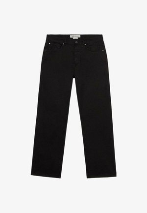 Schwarze Jeans aus Denim mit geradem Schnitt, Fünf-Taschen-Design und vorderem Knopfverschluss. Mit dezenten Nähdetails und metallischen Hardware-Akzenten.