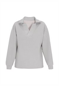 Maglione grigio chiaro con scollo a V e un motivo testurizzato. Maniche lunghe con polsini fitted, realizzato in un tessuto morbido.