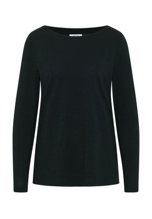 Haut à manches longues noir en tissu doux et texturé ; présente un décolleté large et une coupe décontractée avec des ourlets droits.