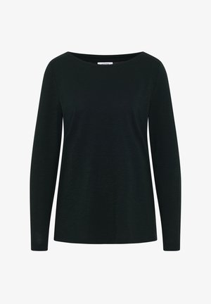 Langærmet sort top lavet af et blødt, struktureret stof; har en bred halsudskæring og en afslappet pasform med lige kanter.