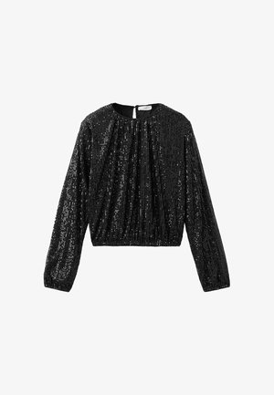 Top noir court à manches longues, recouvert de sequins. Présente un col rond et une fermeture en forme de clé à l'arrière. Surface texturée.