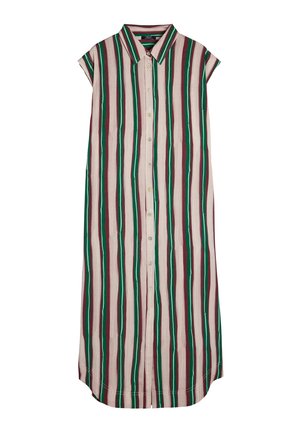 Sukienka w paski w odcieniach różu, burgundowego i zieleni. Posiada kołnierzyk, krótkie rękawy oraz guziki z przodu. Gładki materiał.