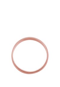 Bague en or rose au design simple et lisse ; forme circulaire, anneau étroit et finition polie. Sans ornements ni détails complexes.