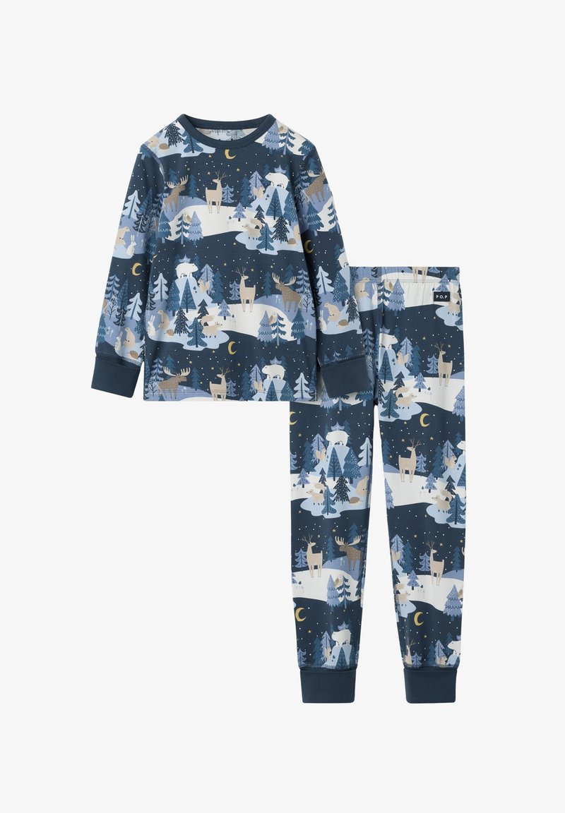 Blauwe pyjama set met een patroon van bosdieren, een langemouwen top met geribbelde manchetten, en bijpassende broek met elastische taille.