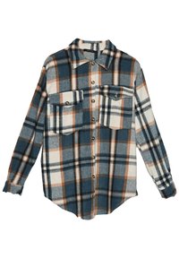 Chemise en flanelle à manches longues, boutonnée, avec un motif à carreaux bleu, blanc, orange et noir, et deux poches poitrine à boutons.