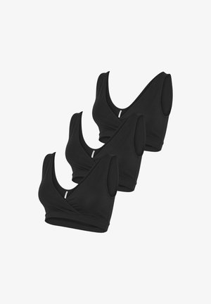 Sorte sømløse braletter i en pakke med tre, med et krydset design, blød stof, brede stropper og en glat tekstur.