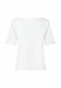 Weißes Baumwoll-T-Shirt mit kurzen Ärmeln und einem weiten Halsausschnitt. Glatte Textur, keine Muster oder Akzente, mit geradem Schnitt am Saum.