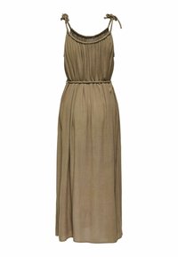 Robe maxi sans manches de couleur vert olive avec un haut froncé, des bretelles réglables à nouer et une taille élastique tressée pour un ajustement décontracté. Texture lisse.
