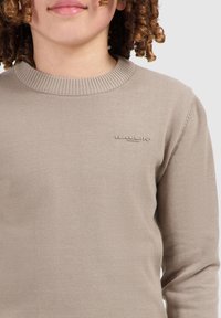 Beige gebreide trui met een geribde kraag. Heeft een gestructureerde stof en een subtiele reliëf logo "BALLIN'" op de borst. Lange mouwen.