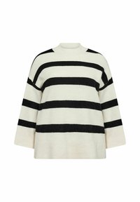 Gestreifter Pullover in Creme und Schwarz mit Rundhalsausschnitt, weiten Ärmeln und lockerer Passform. Der Stoff wirkt weich und strukturiert.