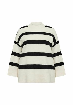 Striped sweater in cream and black, featuring a round neck, wide sleeves, and a loose fit. The fabric appears soft and textured.