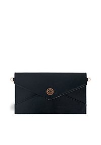 Black envelope-style clutch with a textured finish and a gold decorative clasp at the center, featuring a sleek and minimalist design.
